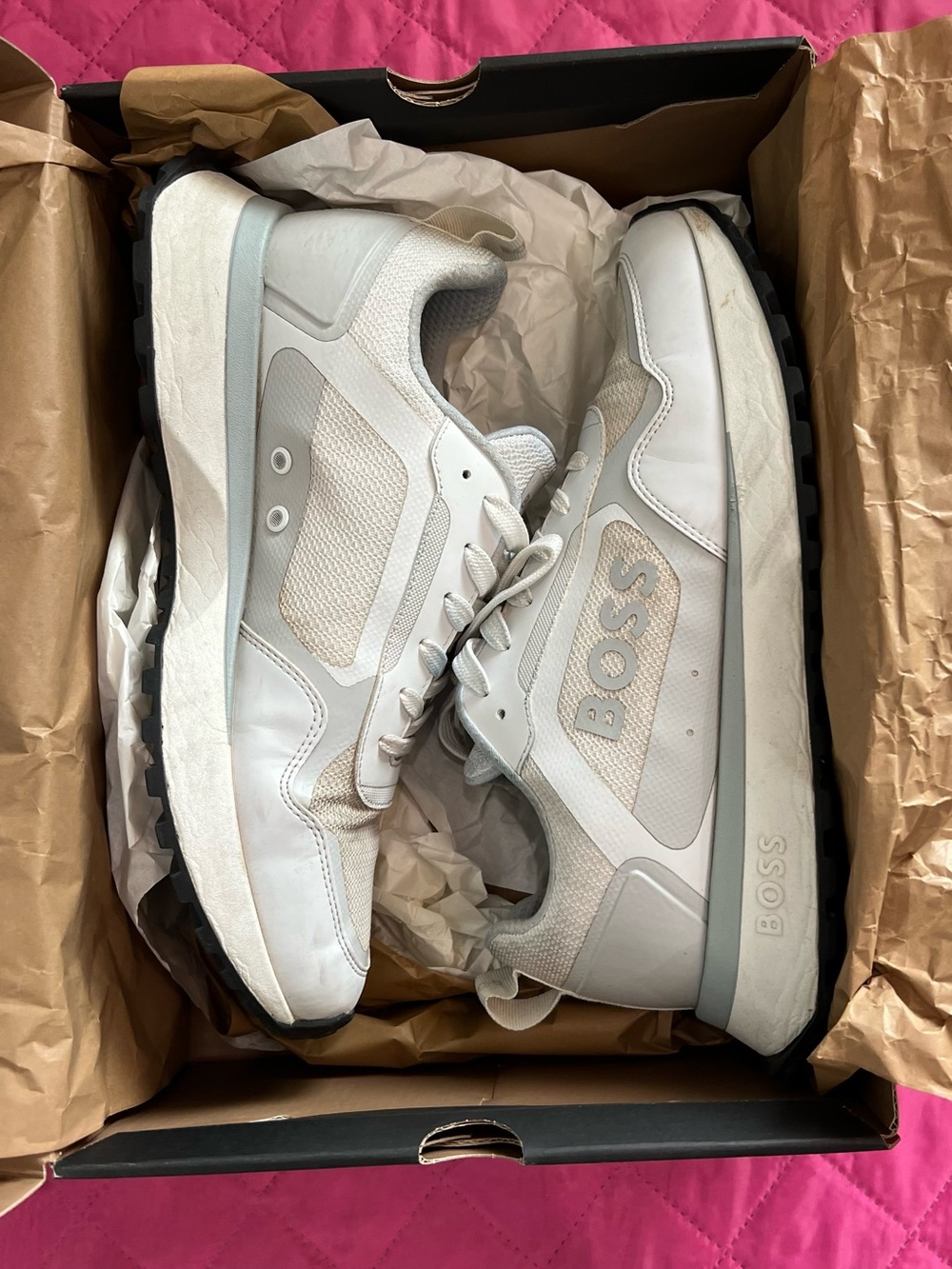 BOSS Men's White and Light Gray Runner Sneakers